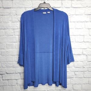 Chicos Travelers Size 2 Cardigan Duster Blue Slinky Knit 3/4 Sleeve Open Large